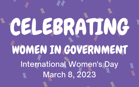 Celebrating women in government written in white text over a purple background and confetti